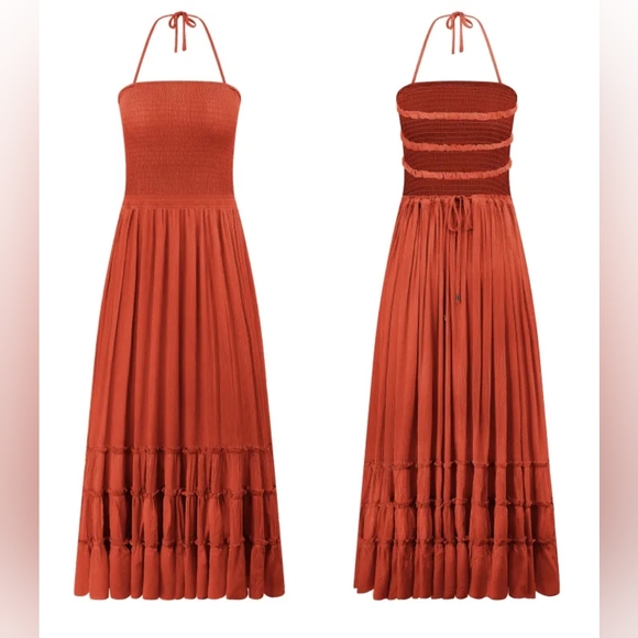 R.Vivimos Orange Summer Cotton Sexy Blackless Ruffle Maxi Dress - Picture 6 of 13